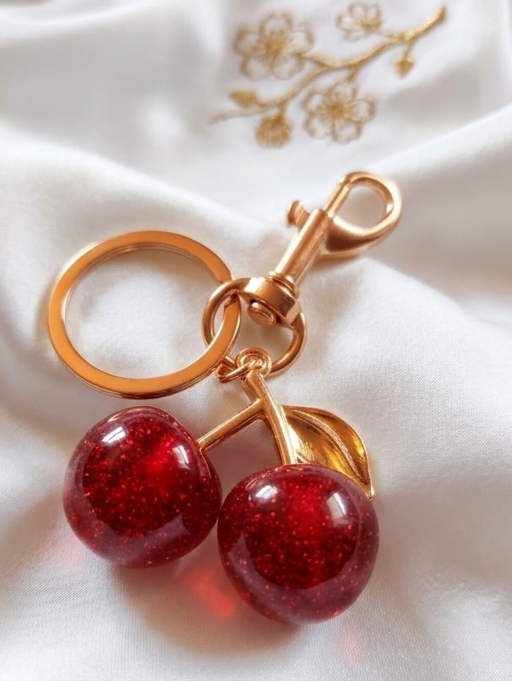 Gold Cherry Mini Keychain with Red Glitter Cherries